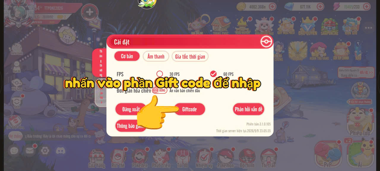 Nút Giftcode nằm giữa cửa sổ cài đặt