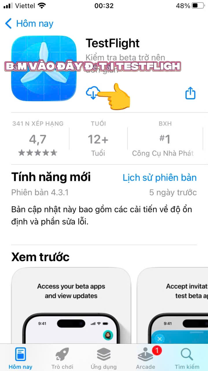 Trang TestFlight trên App Store với nút Nhận
