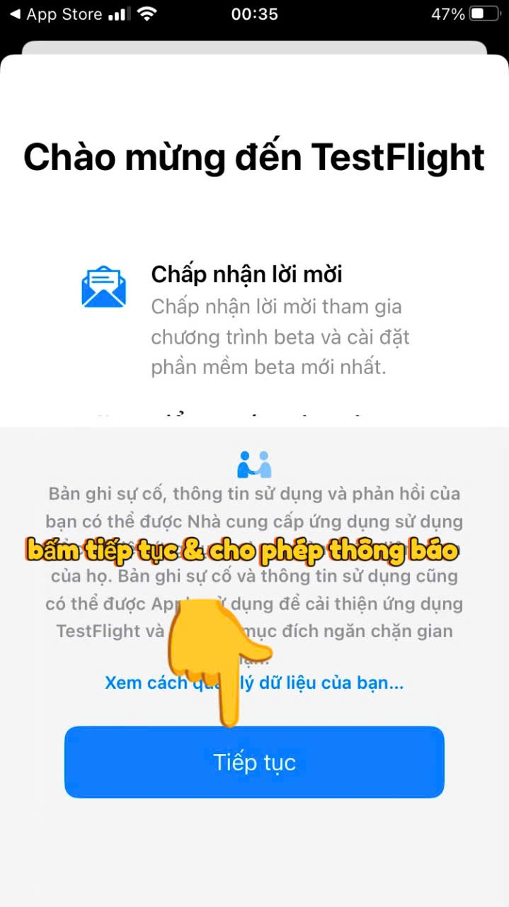 Màn hình chào mừng của TestFlight với nút Tiếp tục