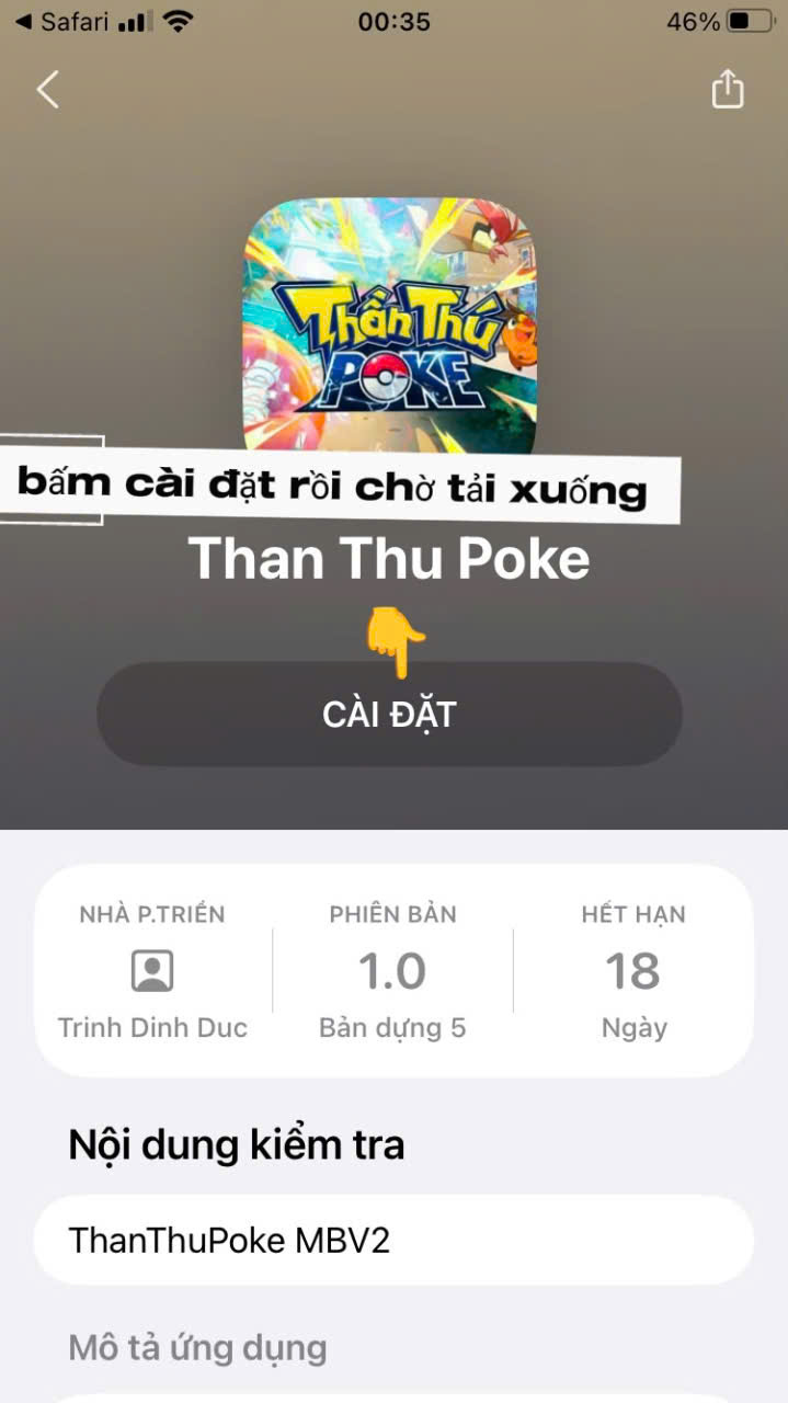 Trang Thần Thú Poke trong TestFlight với nút Cài đặt